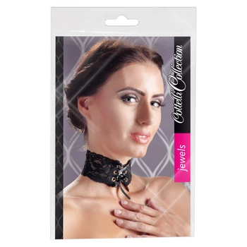 Cottelli Collection széles fűzős csipke nyakpánt (fekete)