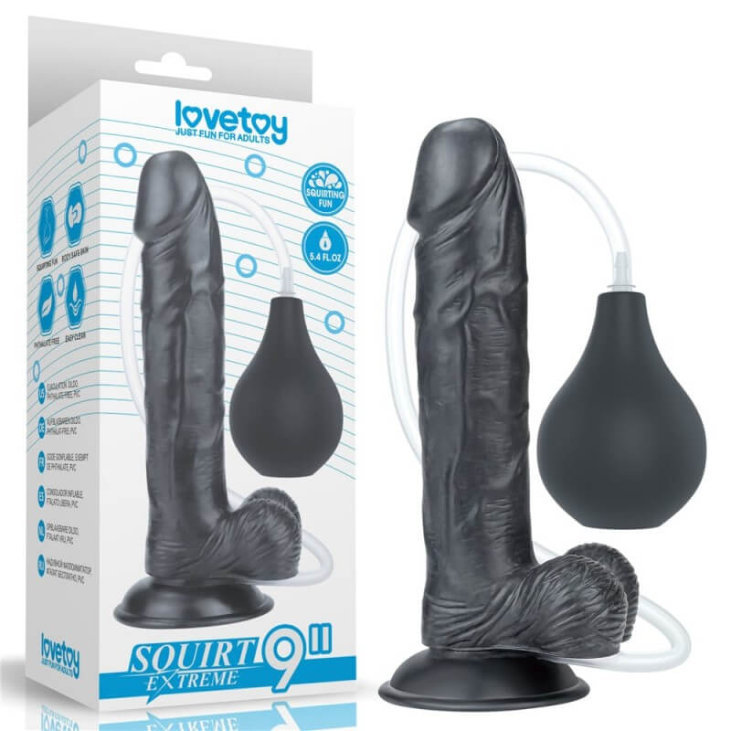 Lovetoy 9" Squirt Extreme - letapasztható, herés, vízálló, felpumpálható, spriccelő, élethű dildó - 23 cm (fekete)