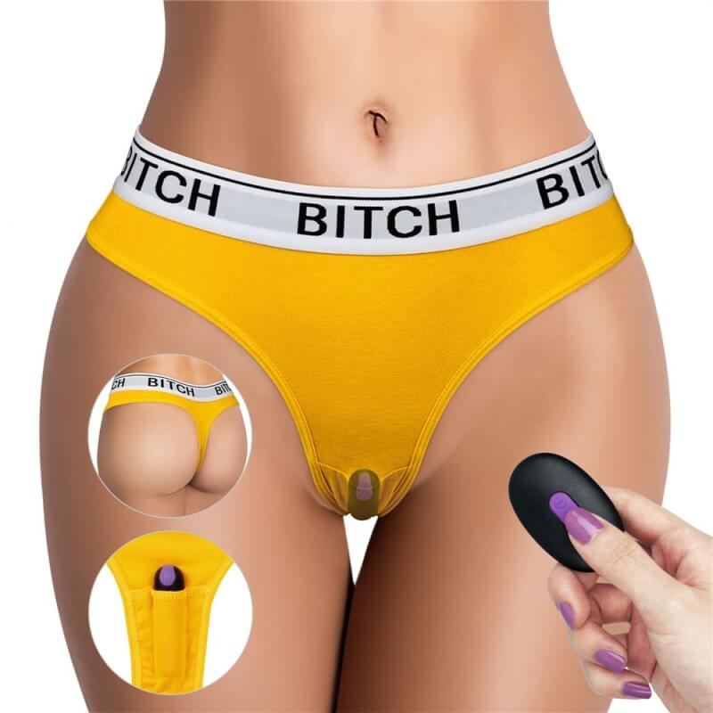 Lovetoy Bitch Vibrating Panties - akkus, távirányítós, G-pontos, vízálló mini vibrátor bugyival - 7,6 cm (sárga)
