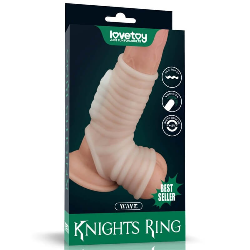 Lovetoy Vibrating Silk Knights Ring With Scrotum Sleeve (White) III - vízálló, vibrációs péniszgyűrű (fehér)