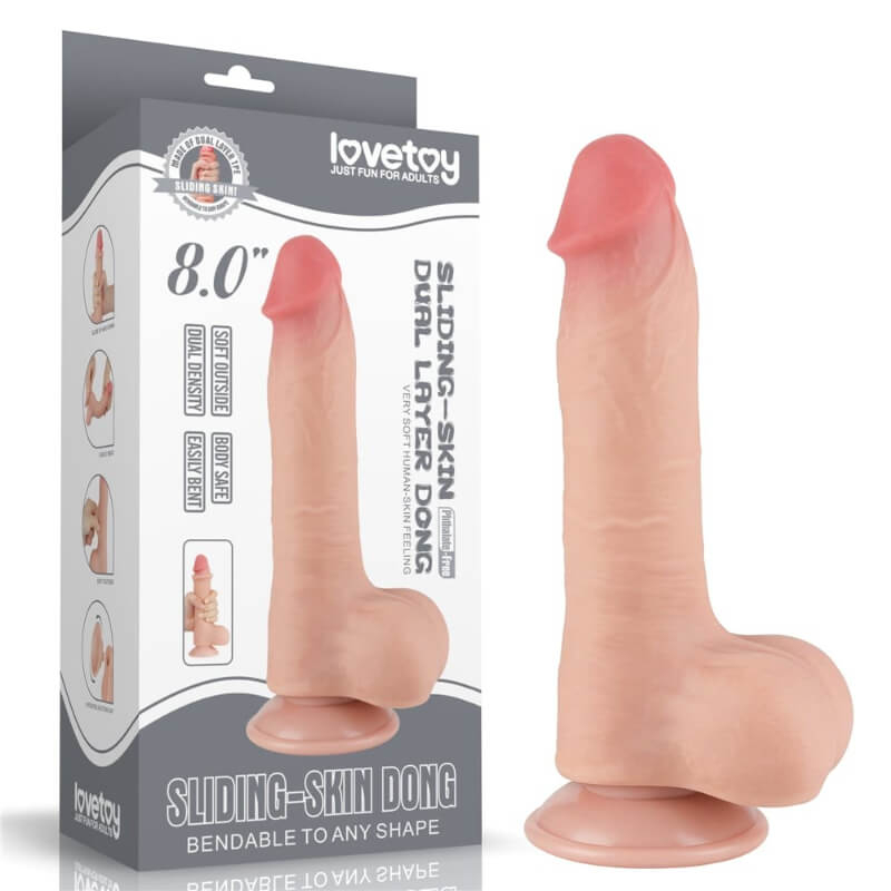 Lovetoy 8.0" Sliding Skin Dual Layer Dong - letapasztható, herés, vízálló, élethű dildó - 20 cm (testszínű)
