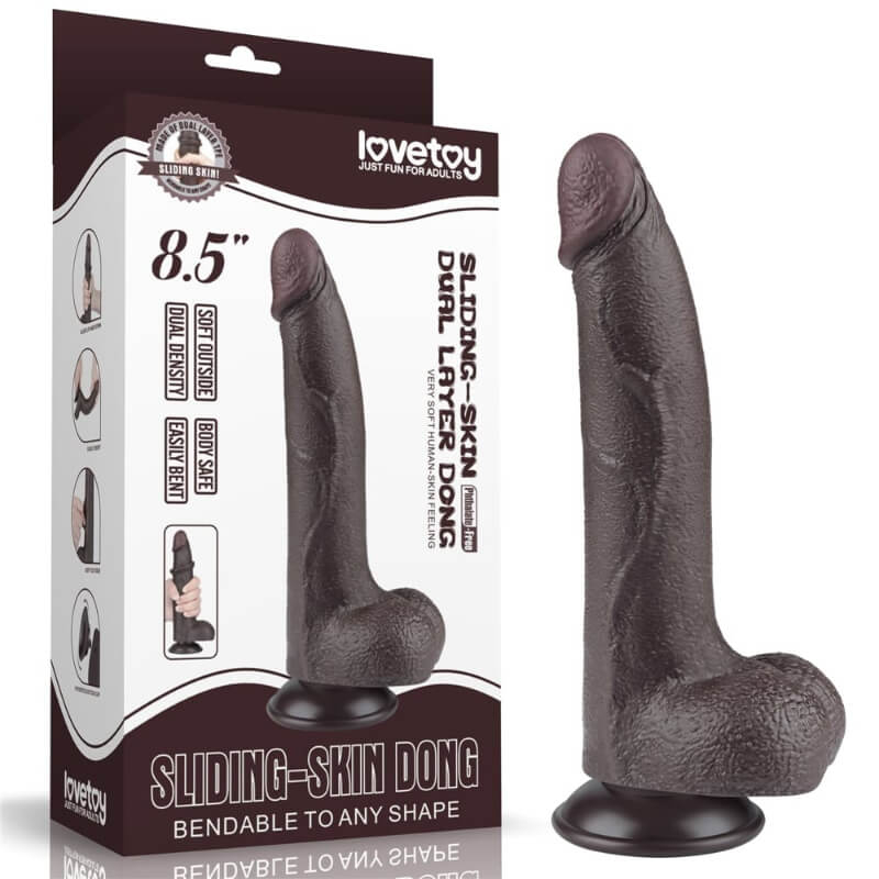 Lovetoy 8.5" Sliding Skin Dual Layer Dong - letapasztható, herés, élethű dildó - 22 cm (fekete)